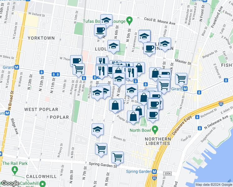 map of restaurants, bars, coffee shops, grocery stores, and more near 978 North 5th Street in Philadelphia