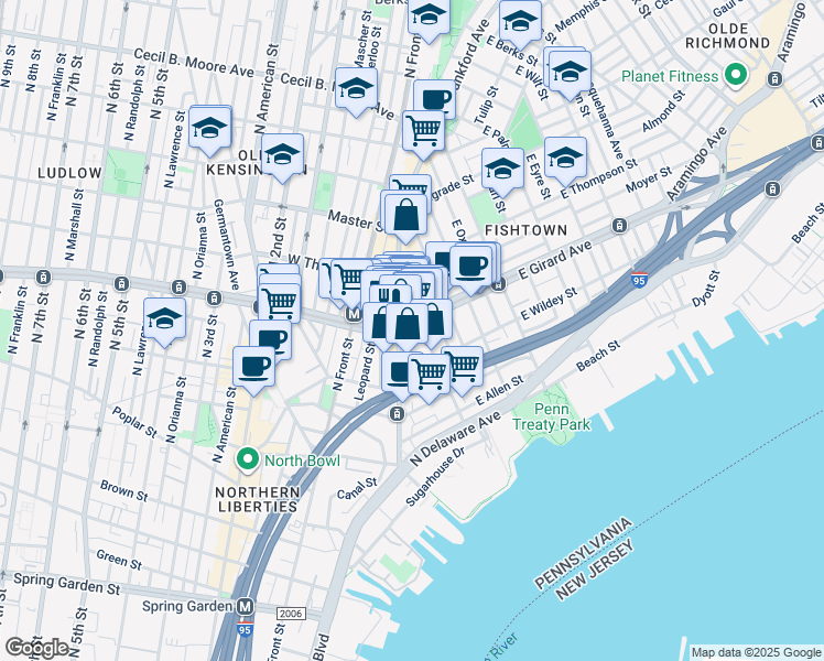 map of restaurants, bars, coffee shops, grocery stores, and more near 112 East Girard Avenue in Philadelphia