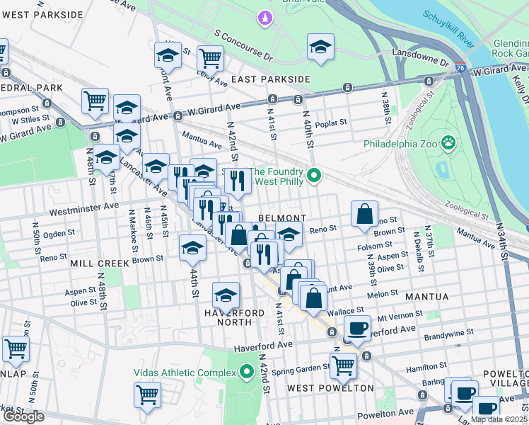 map of restaurants, bars, coffee shops, grocery stores, and more near 845 North Holly Street in Philadelphia