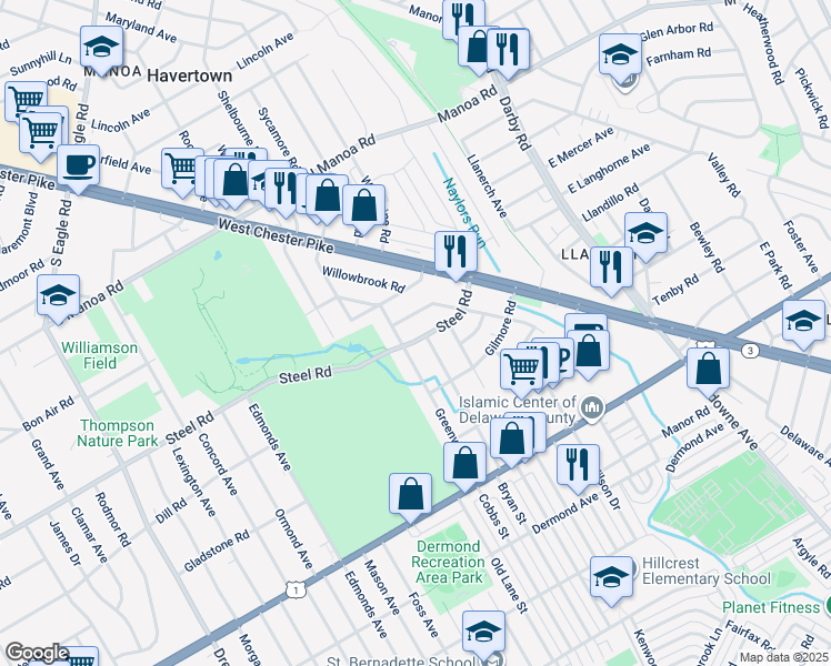 map of restaurants, bars, coffee shops, grocery stores, and more near 406 Steel Road in Havertown