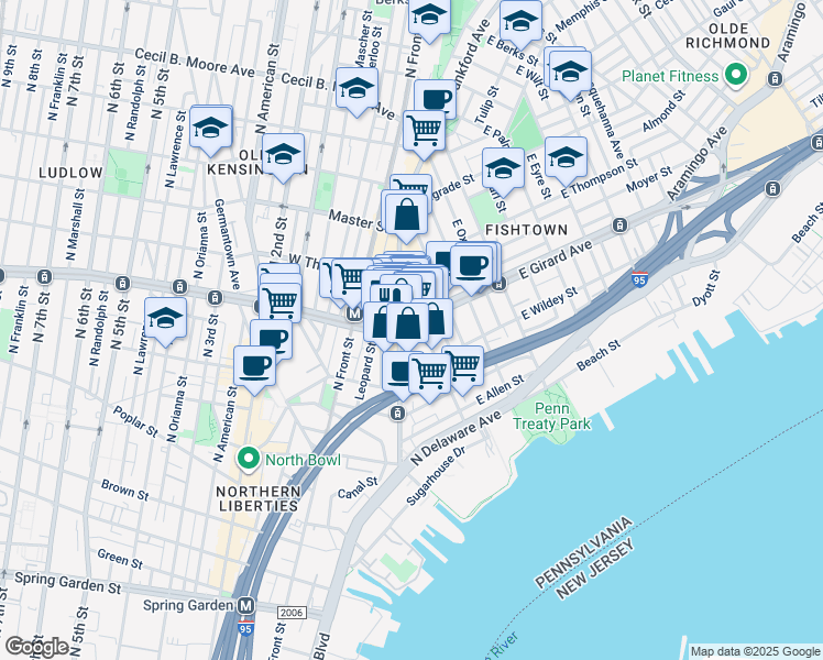 map of restaurants, bars, coffee shops, grocery stores, and more near 112 East Girard Avenue in Philadelphia