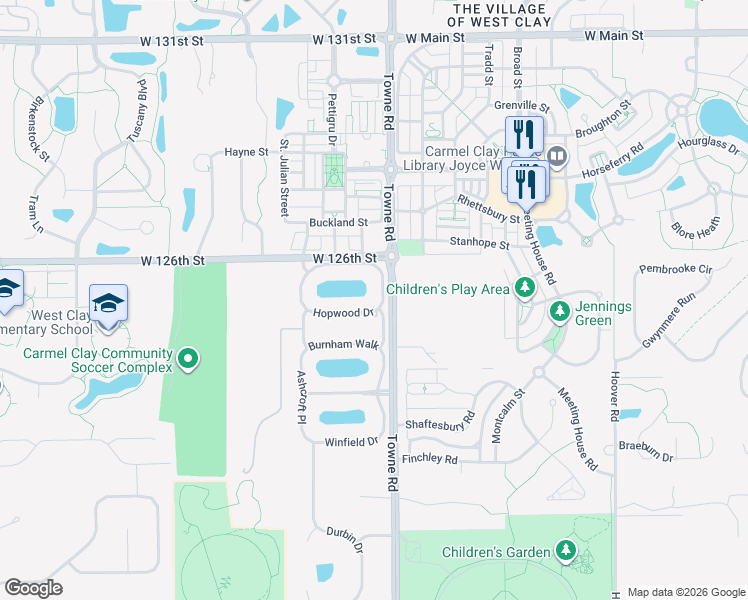 map of restaurants, bars, coffee shops, grocery stores, and more near 12308 Warrenburg Way in Carmel