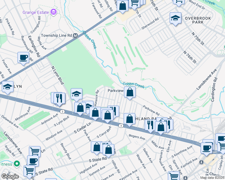 map of restaurants, bars, coffee shops, grocery stores, and more near 185 North Madison Avenue in Delaware County