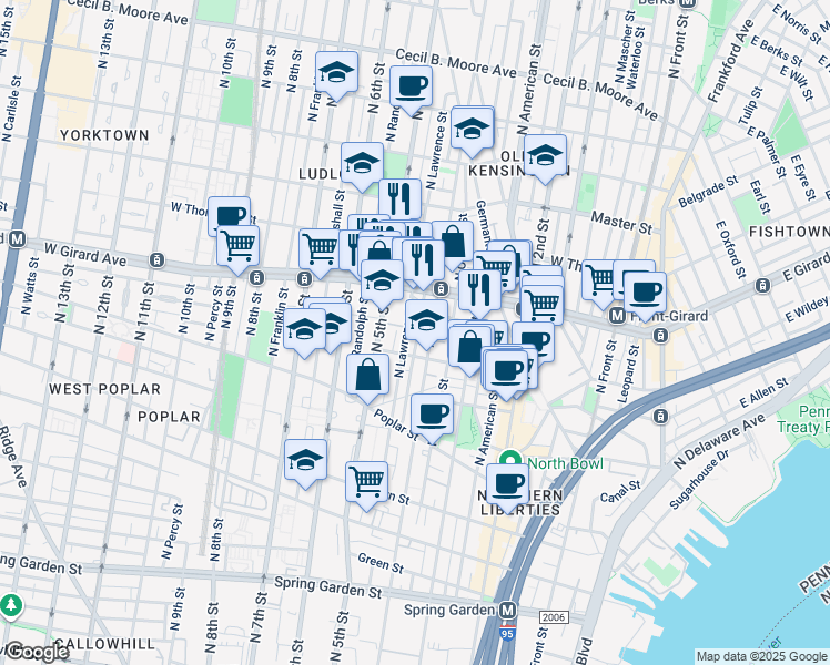 map of restaurants, bars, coffee shops, grocery stores, and more near 1026 North Leithgow Street in Philadelphia