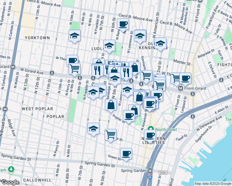 map of restaurants, bars, coffee shops, grocery stores, and more near 987 North 5th Street in Philadelphia