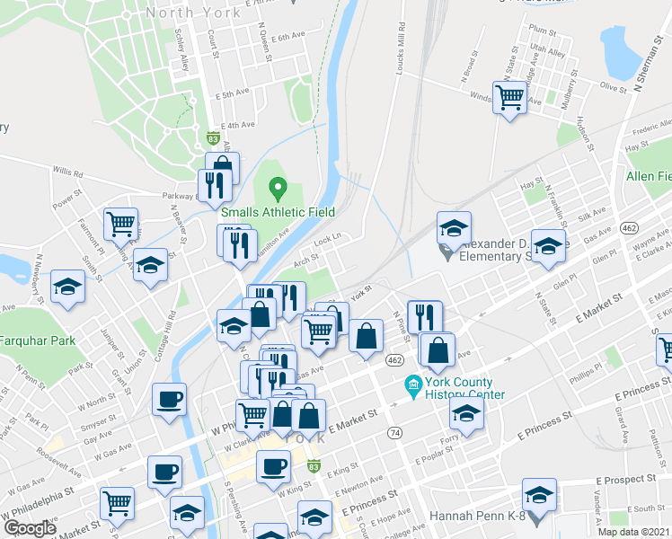 map of restaurants, bars, coffee shops, grocery stores, and more near 315 North Queen Street in York