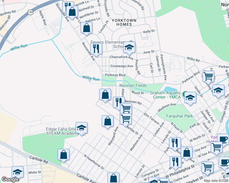 map of restaurants, bars, coffee shops, grocery stores, and more near 542 Pacific Avenue in York
