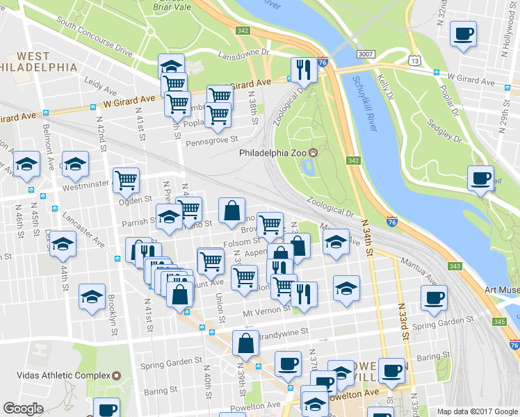 map of restaurants, bars, coffee shops, grocery stores, and more near 3804 Parrish Street in Philadelphia
