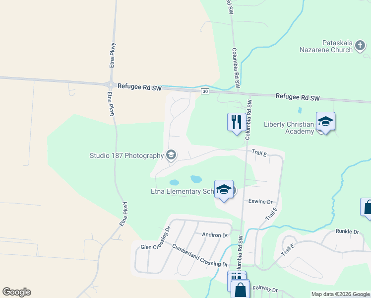 map of restaurants, bars, coffee shops, grocery stores, and more near 113 Elderberry Court in Pataskala