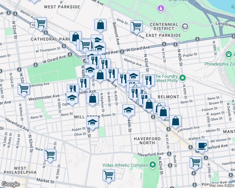 map of restaurants, bars, coffee shops, grocery stores, and more near 886 North 45th Street in Philadelphia