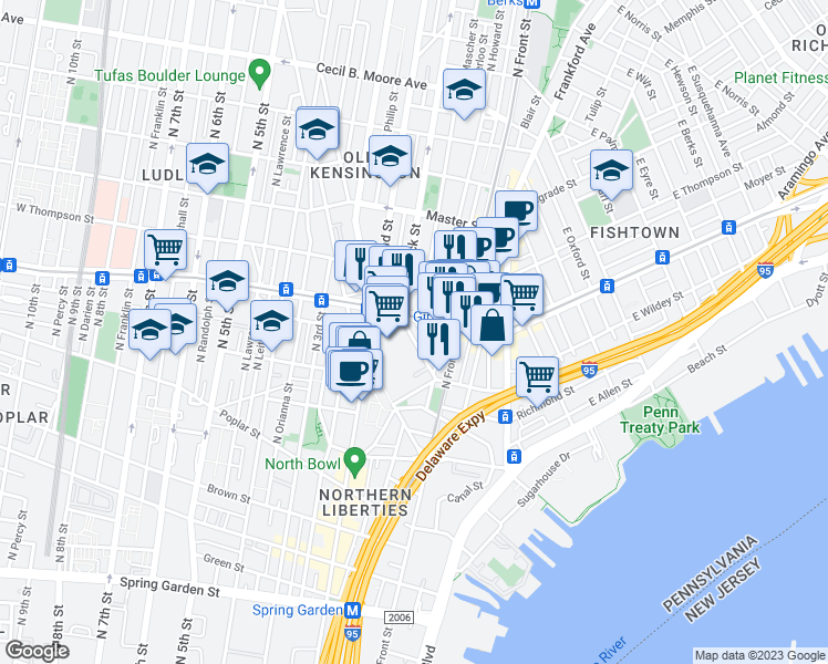 map of restaurants, bars, coffee shops, grocery stores, and more near 1141 North Hancock Street in Philadelphia