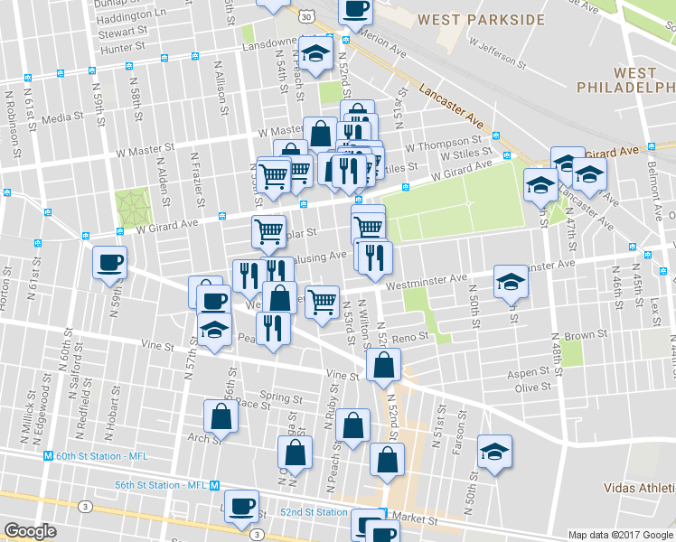 map of restaurants, bars, coffee shops, grocery stores, and more near 530 North 53rd Street in Philadelphia