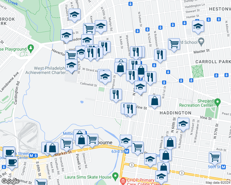 map of restaurants, bars, coffee shops, grocery stores, and more near 6415 Carlton Street in Philadelphia