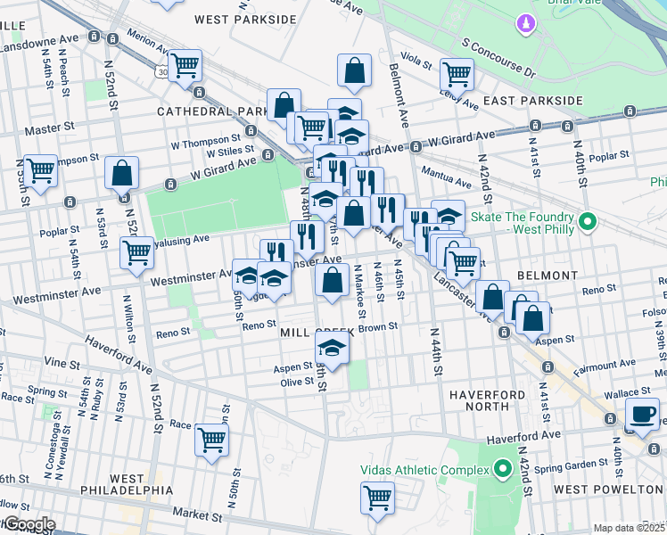 map of restaurants, bars, coffee shops, grocery stores, and more near 4700 Westminster Avenue in Philadelphia