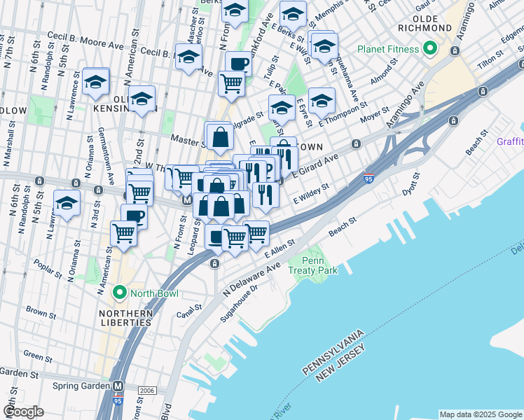 map of restaurants, bars, coffee shops, grocery stores, and more near 1110 Marlborough Street in Philadelphia