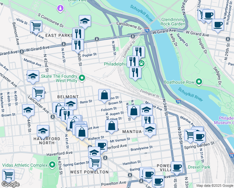 map of restaurants, bars, coffee shops, grocery stores, and more near 3804 Parrish Street in Philadelphia