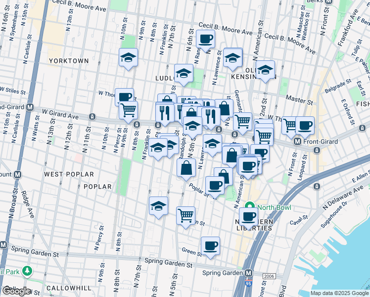 map of restaurants, bars, coffee shops, grocery stores, and more near 973 North Randolph Street in Philadelphia