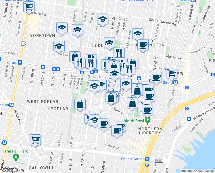 map of restaurants, bars, coffee shops, grocery stores, and more near 972 North Randolph Street in Philadelphia