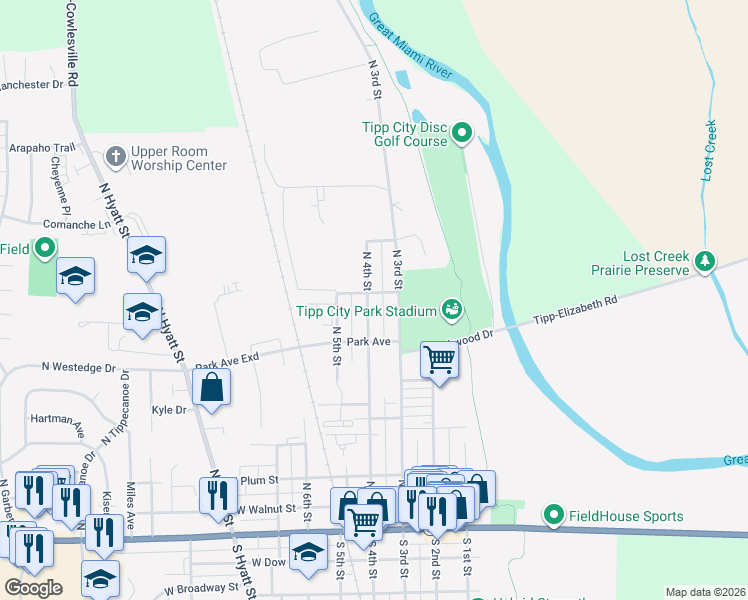 map of restaurants, bars, coffee shops, grocery stores, and more near 436 North 4th Street in Tipp City