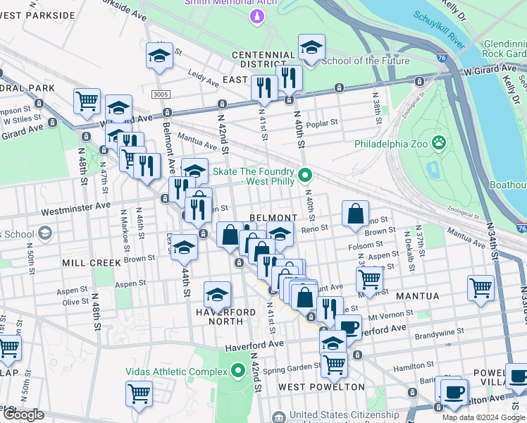 map of restaurants, bars, coffee shops, grocery stores, and more near 845 North Palm Street in Philadelphia