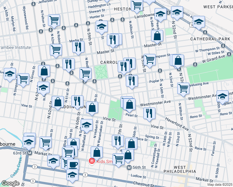 map of restaurants, bars, coffee shops, grocery stores, and more near 5723 Wyalusing Avenue in Philadelphia