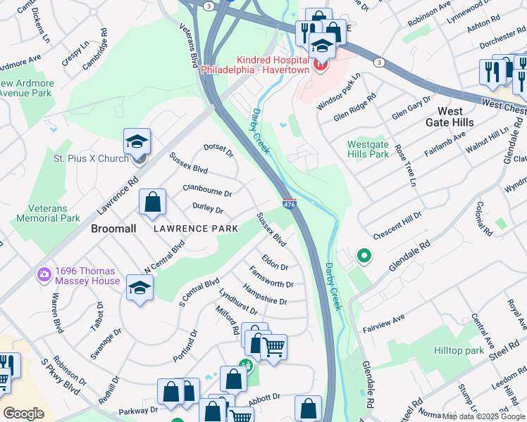 map of restaurants, bars, coffee shops, grocery stores, and more near 251 Sussex Boulevard in Broomall