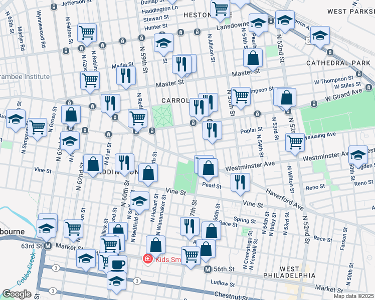 map of restaurants, bars, coffee shops, grocery stores, and more near 5723 Wyalusing Avenue in Philadelphia