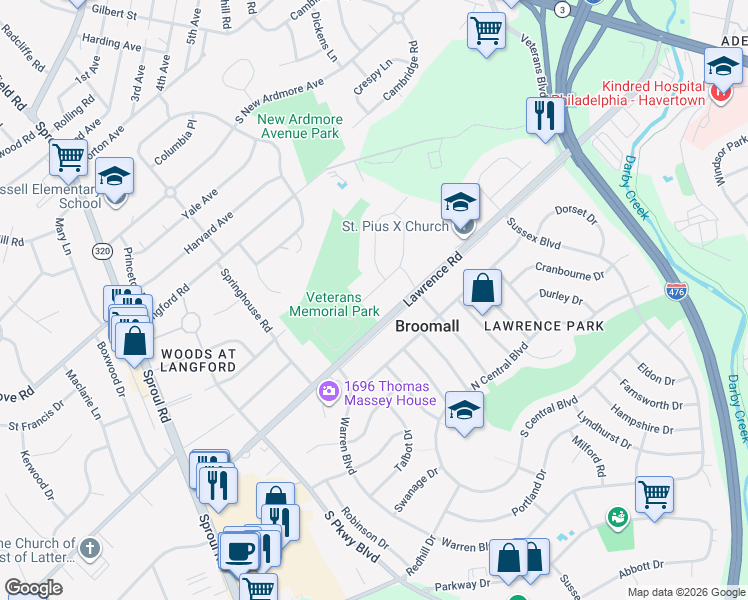map of restaurants, bars, coffee shops, grocery stores, and more near 321 Rose Lane in Broomall