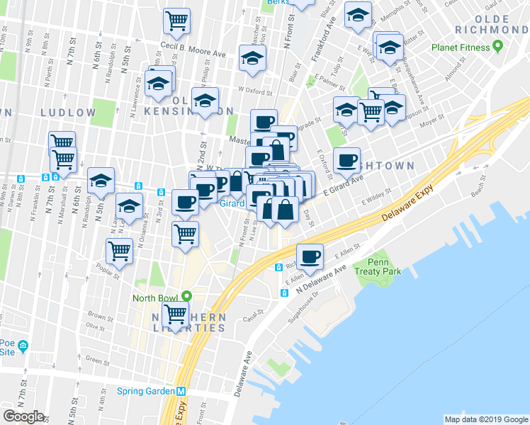 map of restaurants, bars, coffee shops, grocery stores, and more near W Girard Ave & Leopard St in Philadelphia