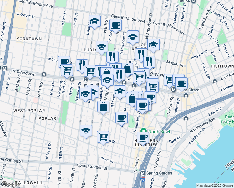 map of restaurants, bars, coffee shops, grocery stores, and more near 1040 North Leithgow Street in Philadelphia