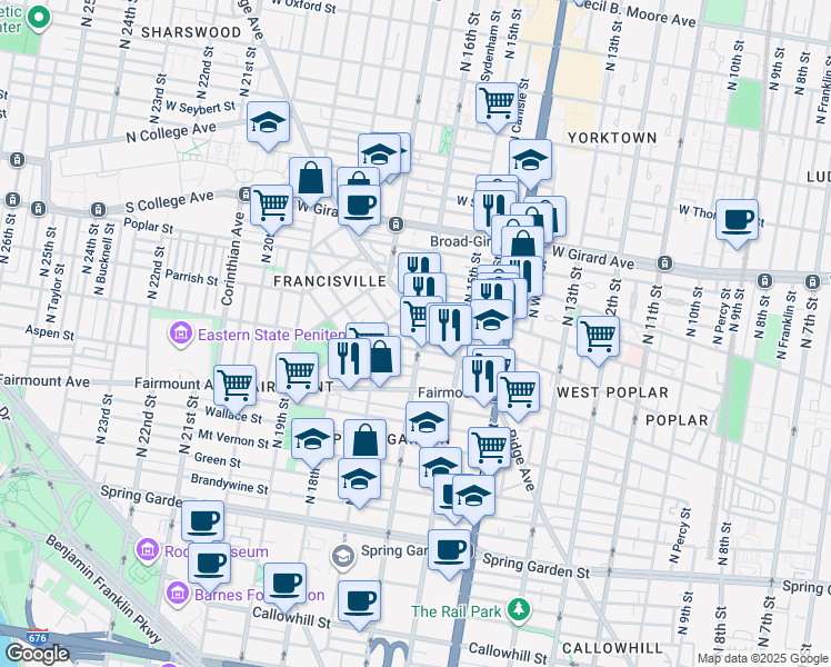 map of restaurants, bars, coffee shops, grocery stores, and more near 812 North 16th Street in Philadelphia