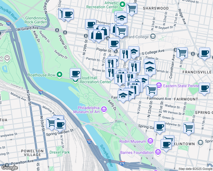 map of restaurants, bars, coffee shops, grocery stores, and more near 2601 Pennsylvania Avenue in Philadelphia