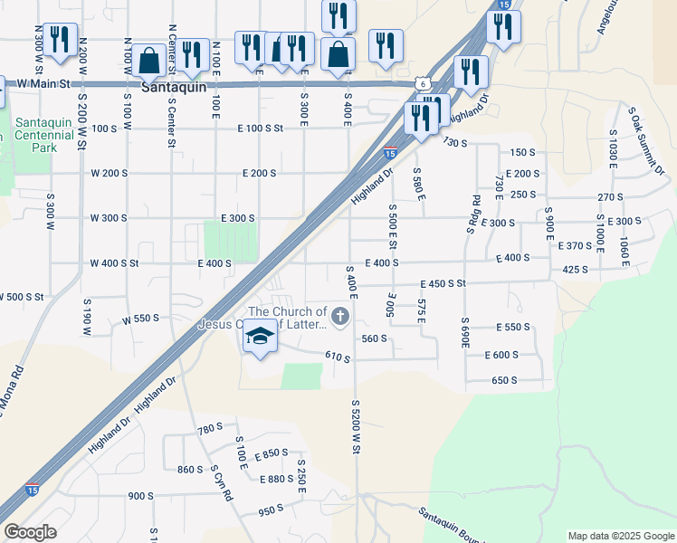 map of restaurants, bars, coffee shops, grocery stores, and more near 400 East 400 South in Santaquin