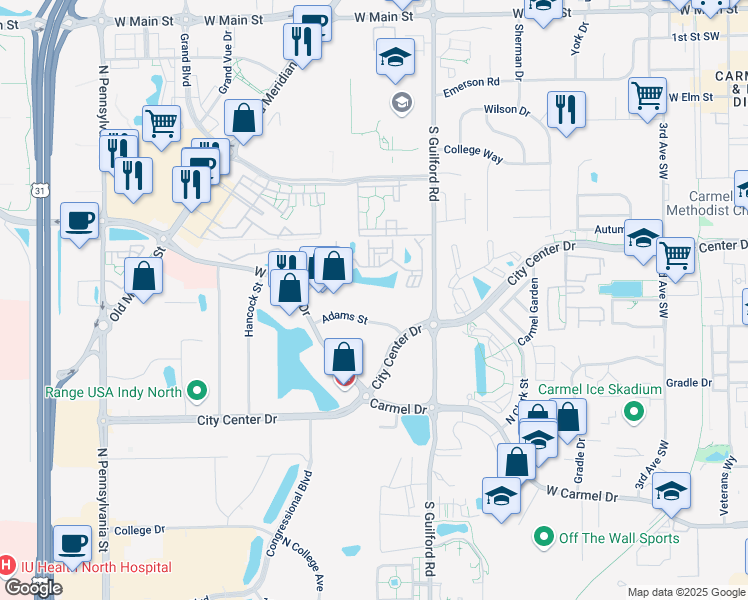 map of restaurants, bars, coffee shops, grocery stores, and more near 710 Adams St in Carmel