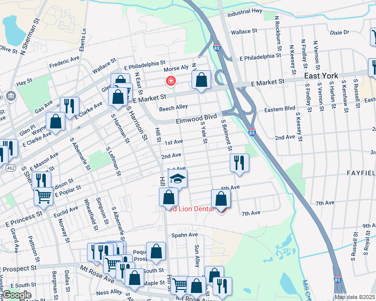 map of restaurants, bars, coffee shops, grocery stores, and more near 1507 2nd Avenue in York