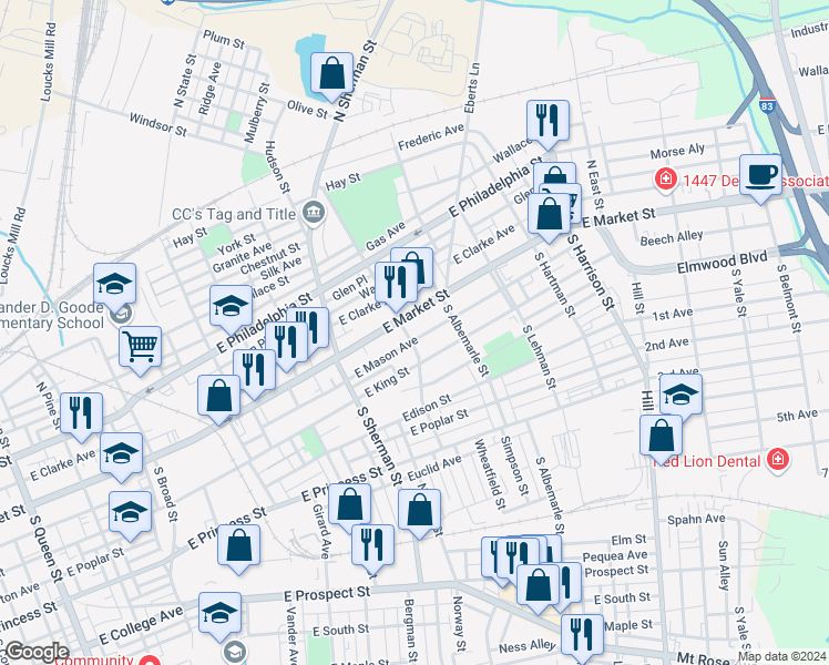 map of restaurants, bars, coffee shops, grocery stores, and more near 908 East Market Street in York