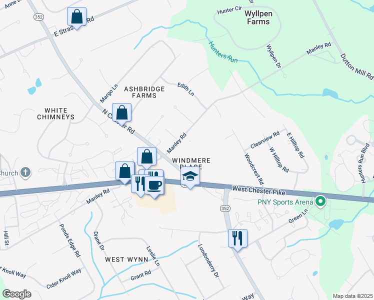 map of restaurants, bars, coffee shops, grocery stores, and more near 1504 Windermere Road in West Chester