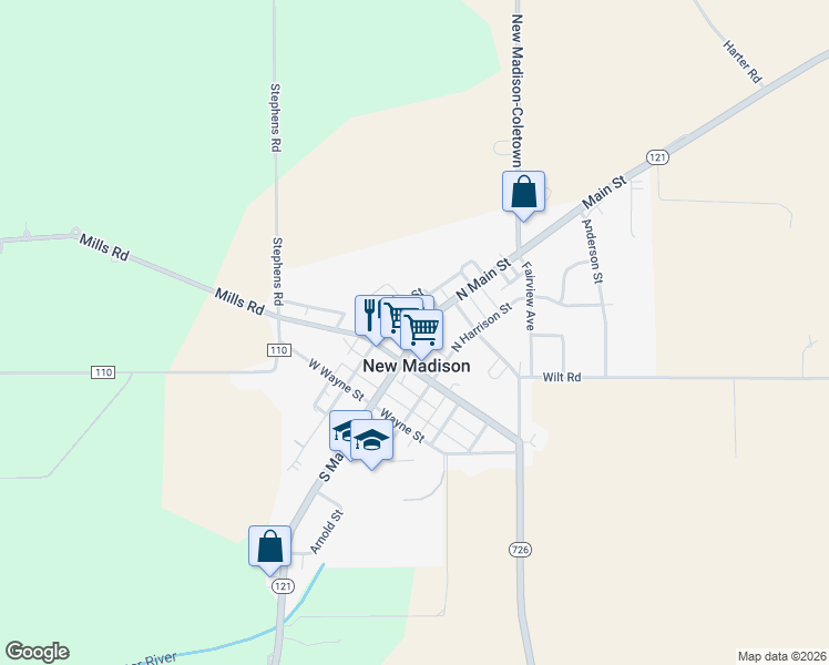 map of restaurants, bars, coffee shops, grocery stores, and more near 130 North Main Street in New Madison