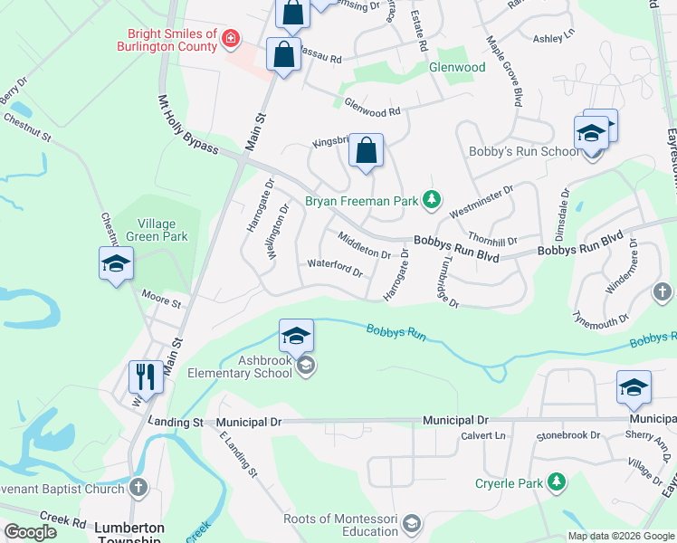 map of restaurants, bars, coffee shops, grocery stores, and more near 12 Waterford Drive in Lumberton