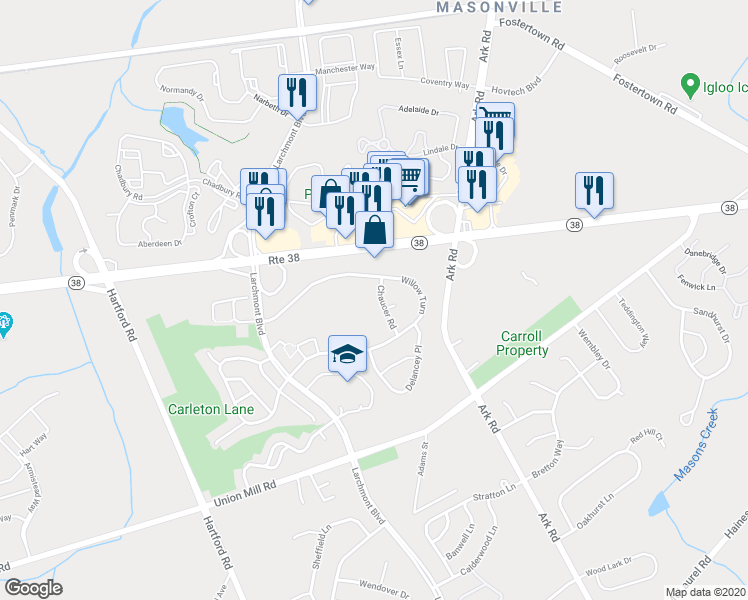 map of restaurants, bars, coffee shops, grocery stores, and more near 229B Willow Turn in Mount Laurel Township