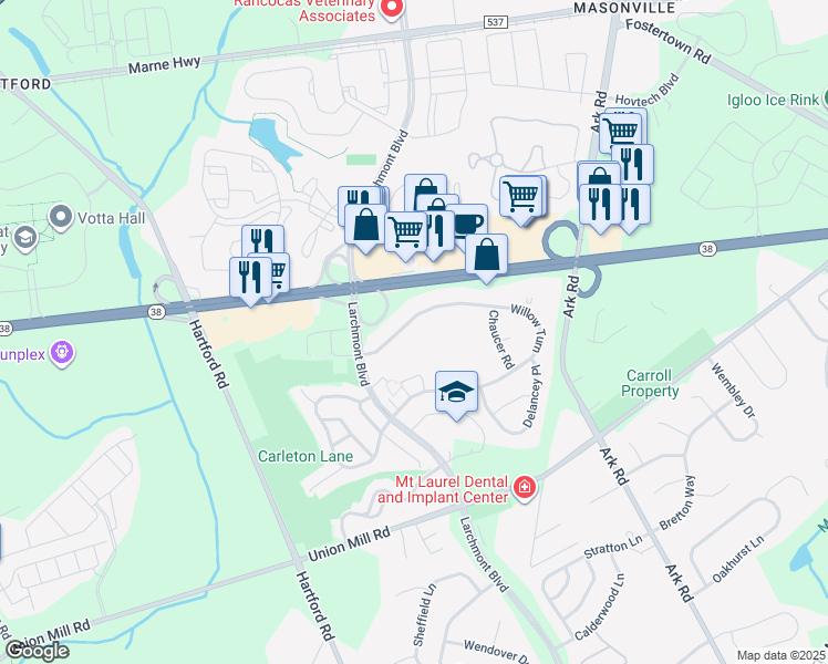 map of restaurants, bars, coffee shops, grocery stores, and more near 101 Willow Turn in Mount Laurel Township