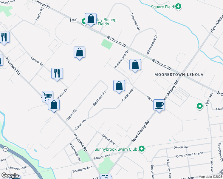map of restaurants, bars, coffee shops, grocery stores, and more near 58 Red Leaf Road in Moorestown