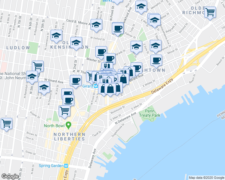 map of restaurants, bars, coffee shops, grocery stores, and more near in Philadelphia