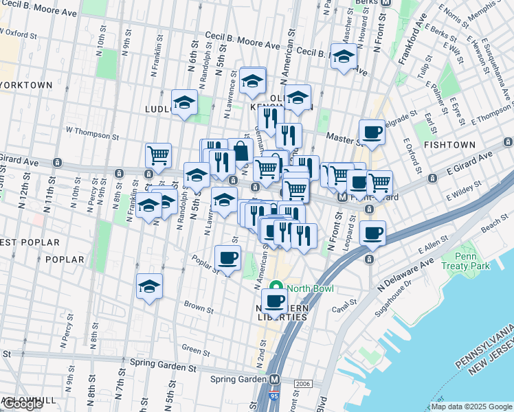 map of restaurants, bars, coffee shops, grocery stores, and more near 1151 North 3rd Street in Philadelphia