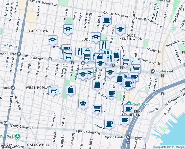 map of restaurants, bars, coffee shops, grocery stores, and more near 952 North 6th Street in Philadelphia
