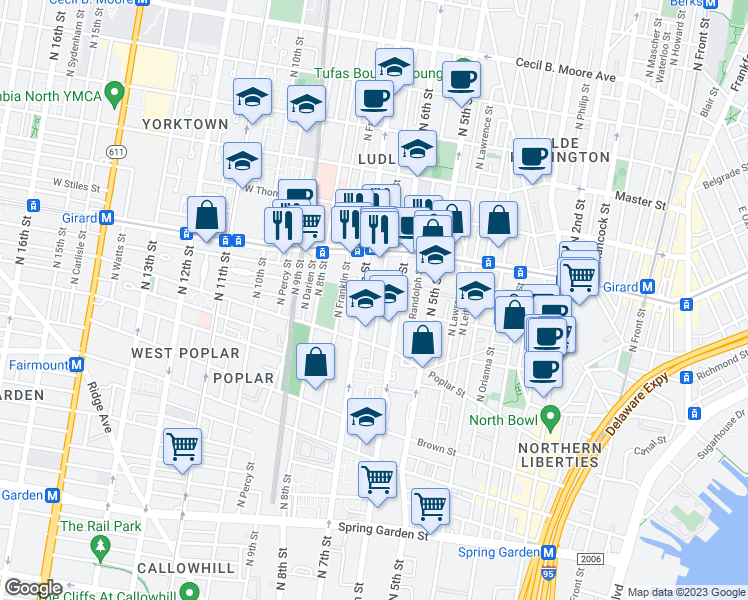 map of restaurants, bars, coffee shops, grocery stores, and more near 994 North Marshall Street in Philadelphia