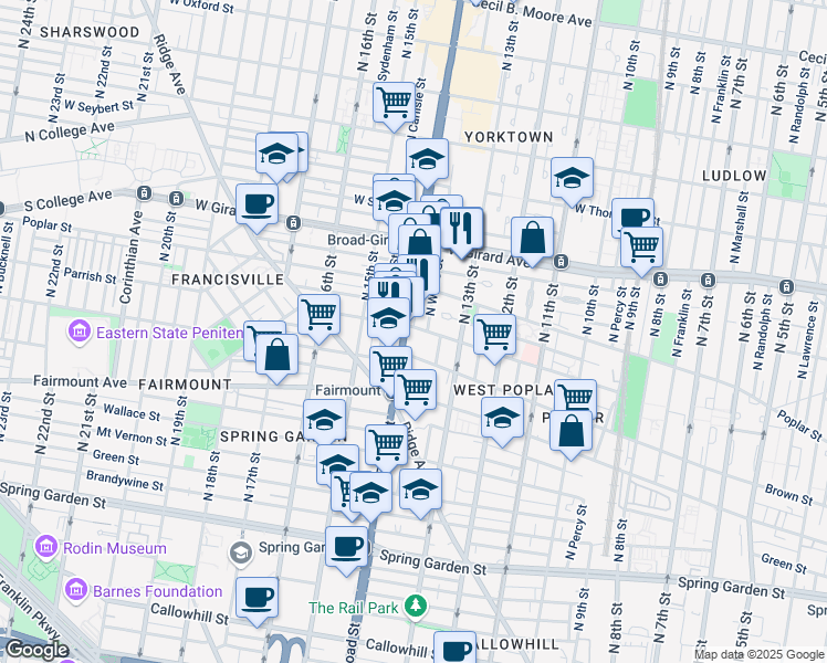 map of restaurants, bars, coffee shops, grocery stores, and more near 1319 Parrish Street in Philadelphia