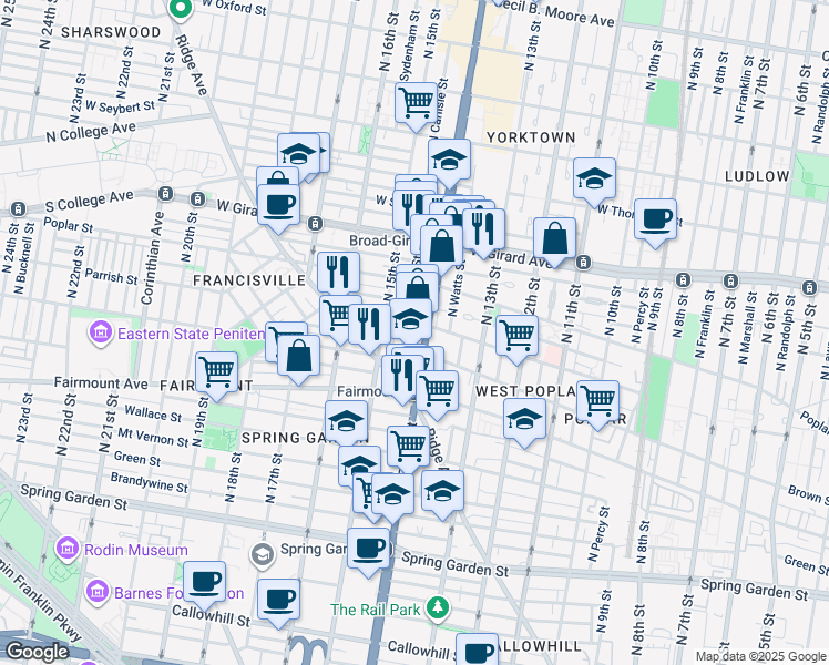map of restaurants, bars, coffee shops, grocery stores, and more near in Philadelphia