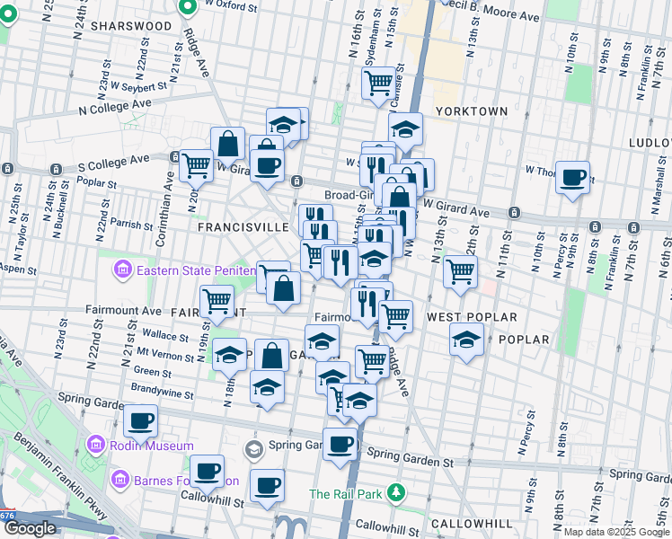 map of restaurants, bars, coffee shops, grocery stores, and more near 1504 Parrish Street in Philadelphia
