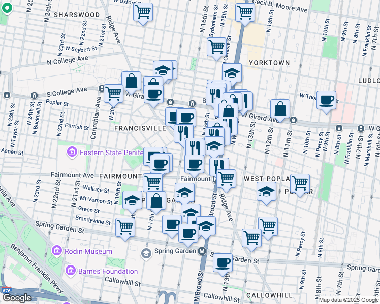 map of restaurants, bars, coffee shops, grocery stores, and more near 1504 Parrish Street in Philadelphia
